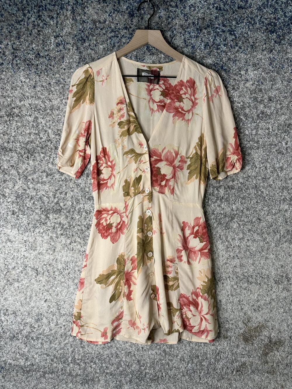 Reformation Romper Womens 6 Beige Floral Button Front V Neck Short Sleeve Shorts
